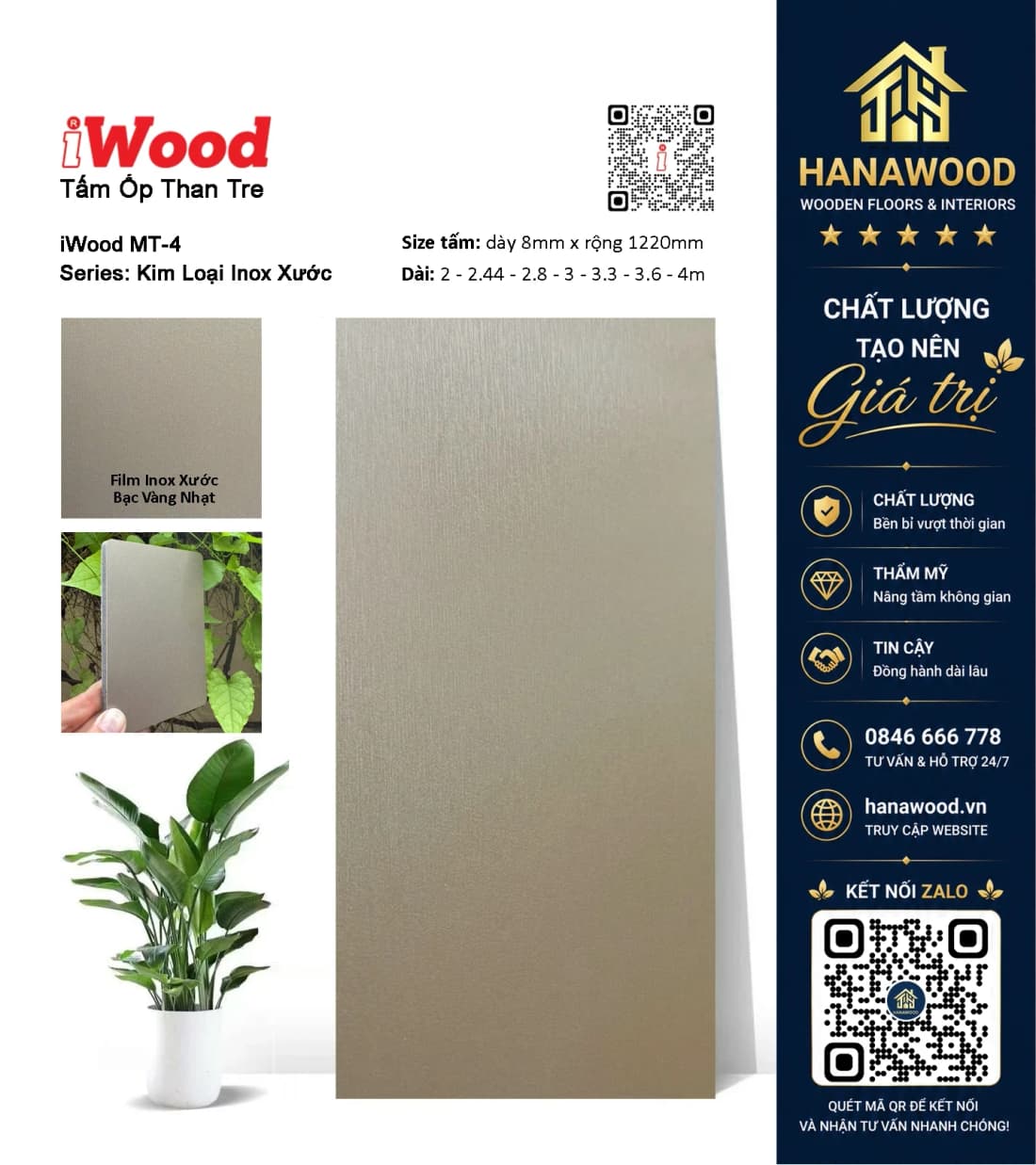 Tấm Ốp Sợi Than Tre Đa Năng Vân Kim Loại iWood MT-4 chống trầy xước không bám bụi