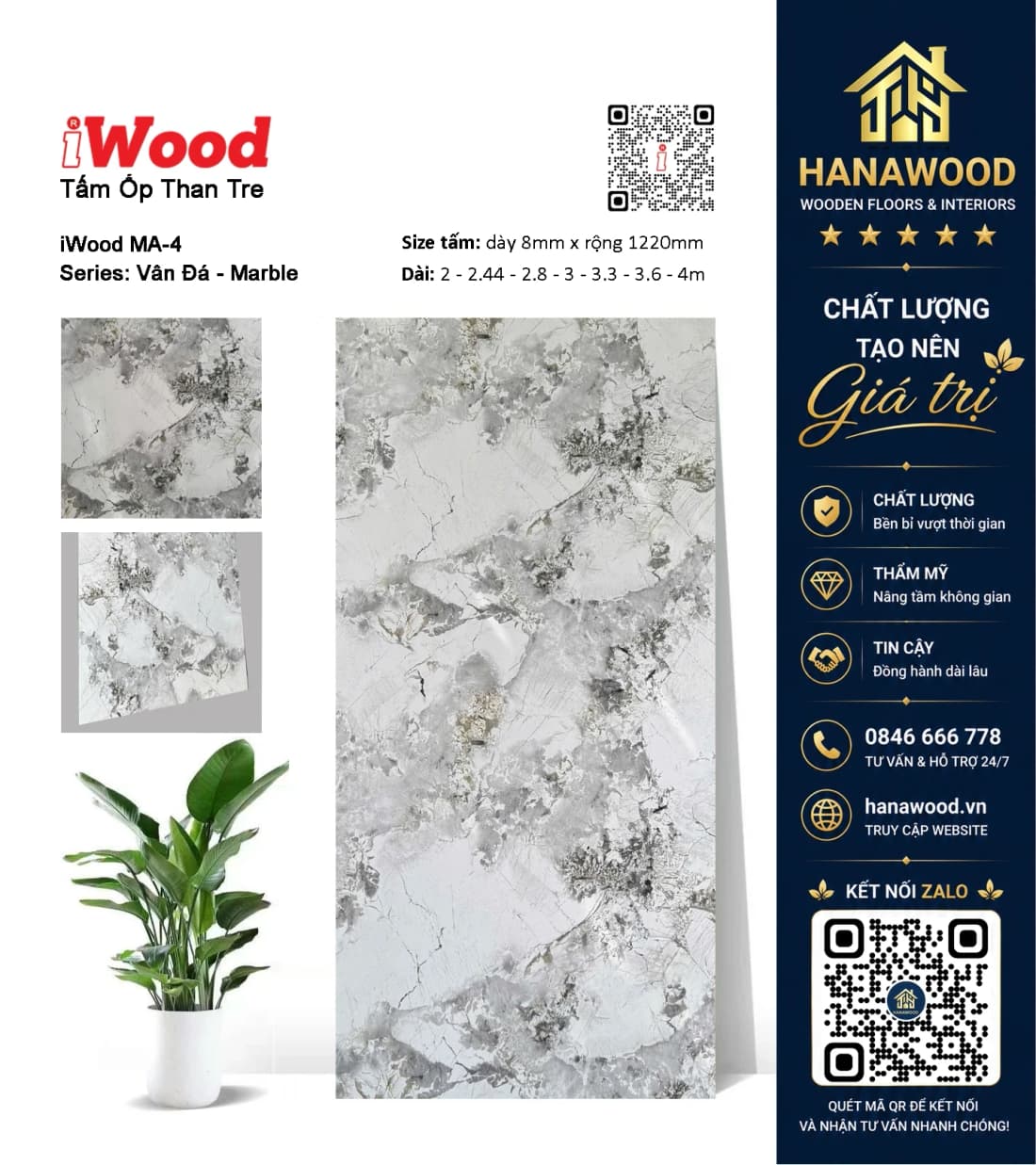 Tấm Ốp Than Tre Đa Năng Vân Đá iWood MA-4 chất liệu cao cấp chống trầy xước