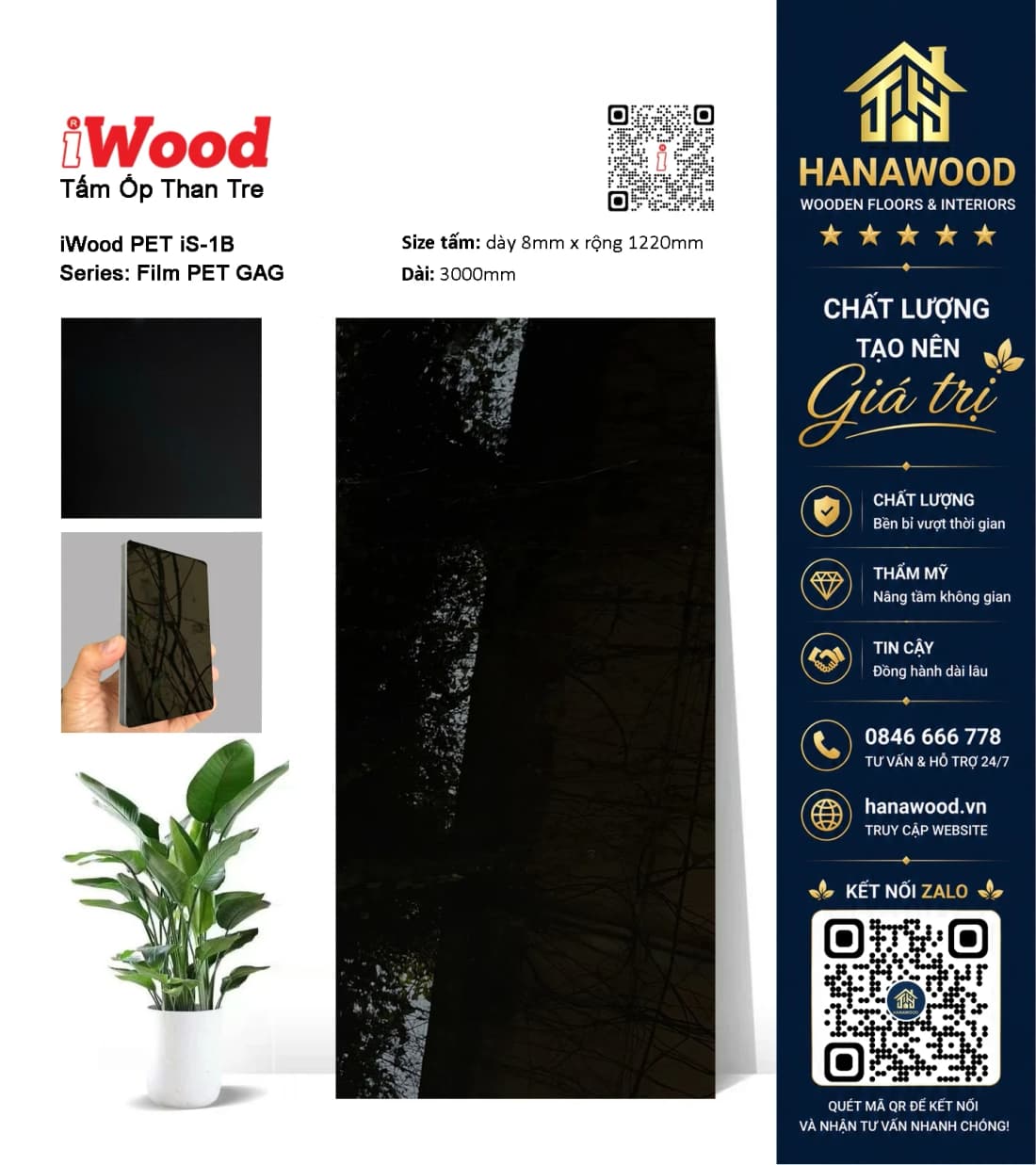 Tấm Ốp Sợi Than Tre Đa Năng Phủ PET iWood iS-1B Màu Đen chống ẩm mốc cao cấp