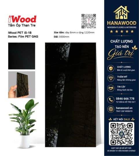 Tấm Ốp Sợi Than Tre Đa Năng Phủ PET iWood iS-1B Màu Đen chống ẩm mốc cao cấp