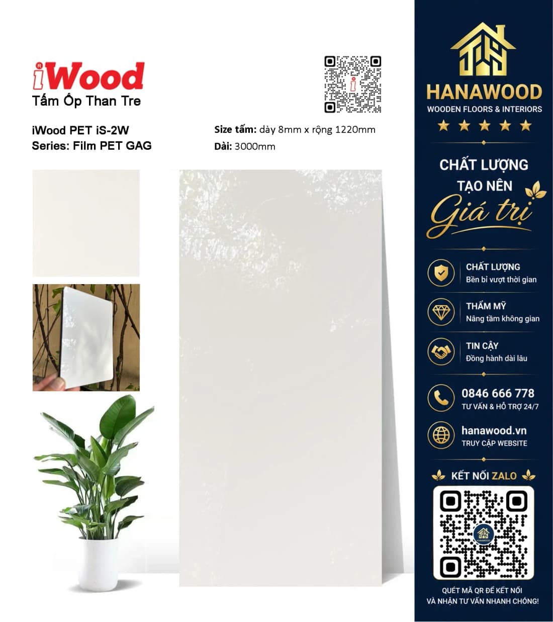 Tấm Ốp Tường Than Tre Phủ PET iWood iS-2W màu trắng sang trọng không bám bụi