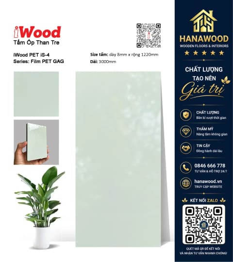 Tấm Ốp Tường Sợi Than Tre Phủ PET iWood iS-4 khả năng uốn cong linh hoạt bền đẹp