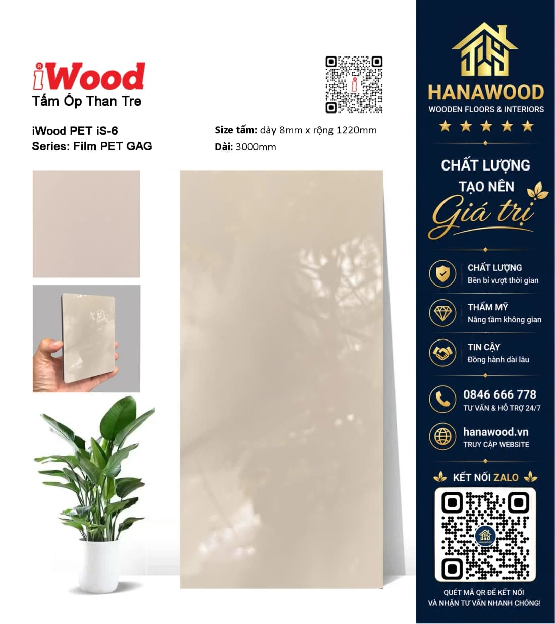 Tấm Ốp Tường Sợi Than Tre Phủ PET iWood iS-6 chịu lực tốt cách âm hiệu quả
