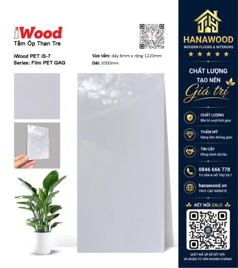 Tấm Sợi Than Tre Ốp Tường Phủ PET iWood iS-7 tông màu hiện đại lau chùi dễ dàng