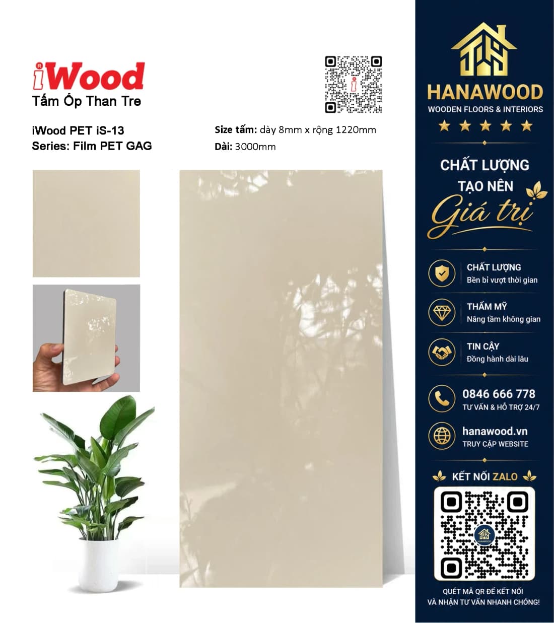 Tấm Ốp Than Tre Đa Năng Phủ PET iWood iS-13 chống cháy lan bề mặt phủ PET bền màu