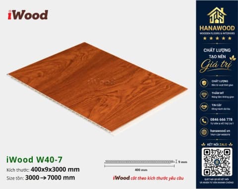 Tấm Nhựa Ốp Tường Ốp Trần Nano Giả Gỗ iWood W40-7 trọng lượng nhẹ thi công nhanh