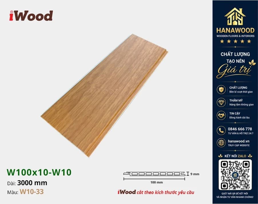 Tấm Nhựa Ốp Tường Ốp Trần Nano Giả Gỗ iWood W10-33 bề mặt phủ vân gỗ cao cấp