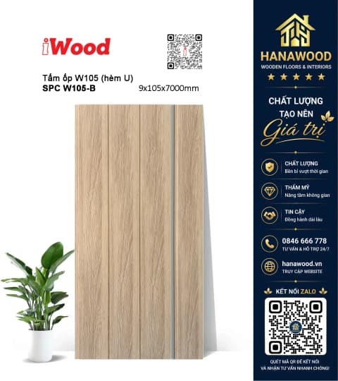 Tấm Nhựa Ốp Tường Nano Giả Gỗ iWood W105-B bề mặt phủ film vân gỗ chống bám bụi