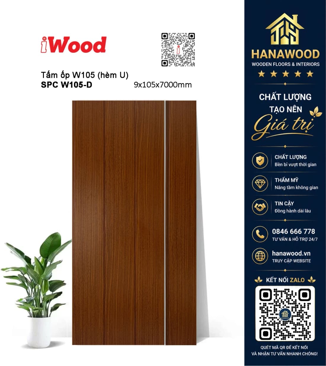 Tấm Nhựa Ốp Trần Nano Giả Vân Gỗ iWood W105-D chất liệu PVC cao cấp chịu lực