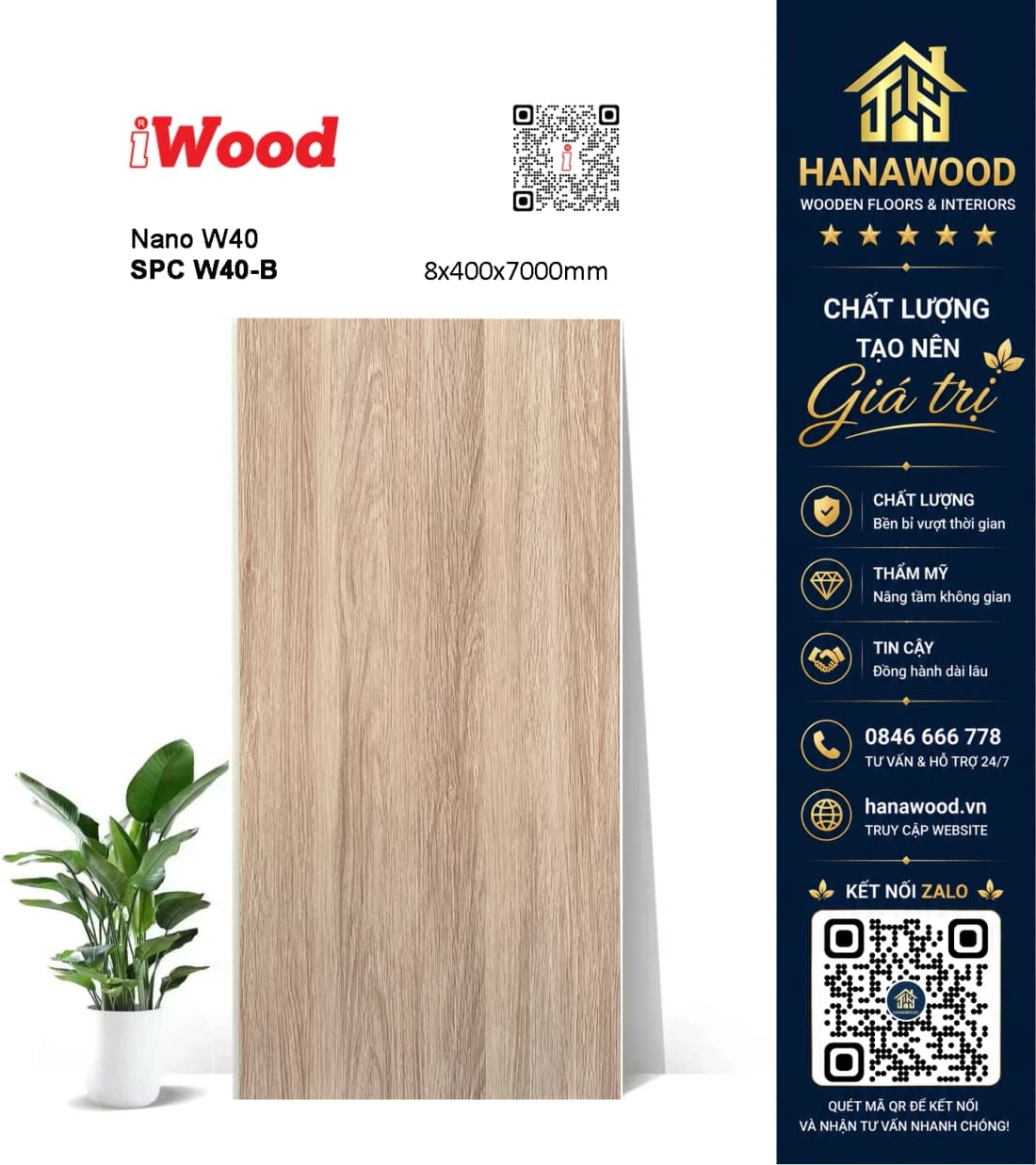 Tấm Nhựa Ốp Tường Nano Giả Gỗ iWood W40-B bề mặt phủ film vân gỗ chống bám bụi