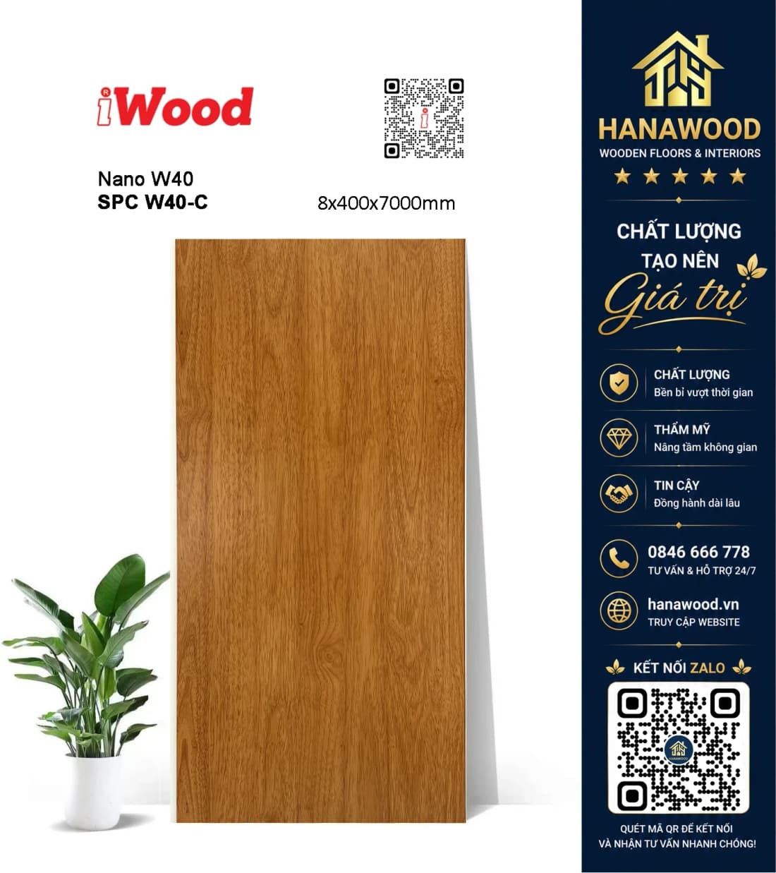 Tấm Nhựa Ốp Tường Nano Giả Vân Gỗ iWood W40-C khả năng chống nước tuyệt đối