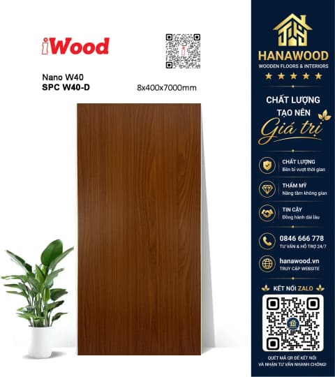 Tấm Nhựa Ốp Trần Nano Giả Vân Gỗ iWood W40-D chất liệu PVC cao cấp chịu lực