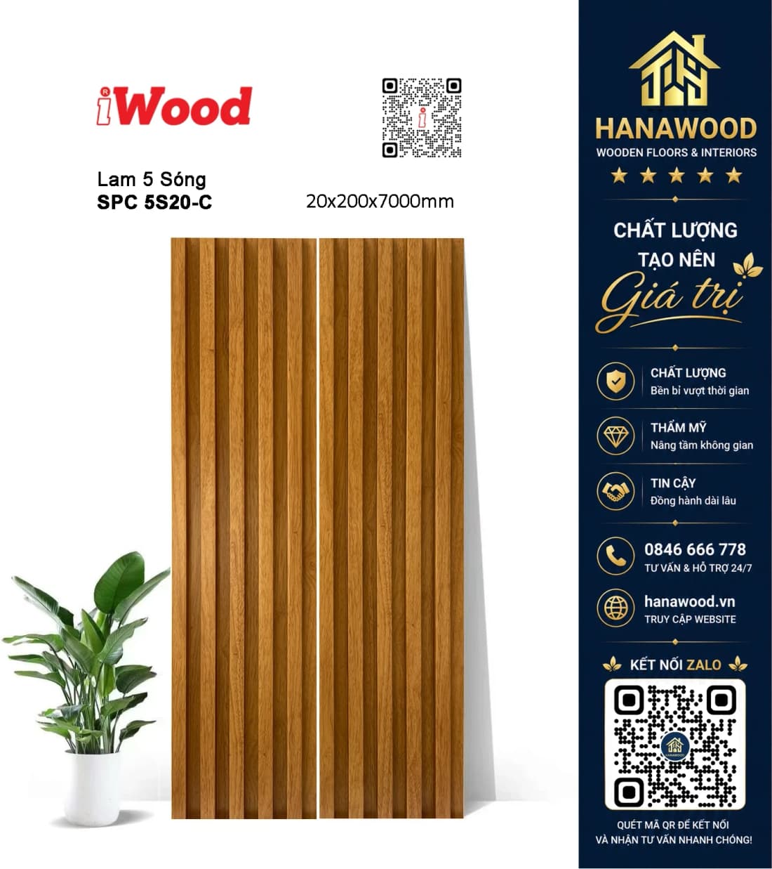 Tấm Lam Sóng Ốp Trần Nhựa Giả Gỗ iWood 5S20-C khả năng chống nước tuyệt đối