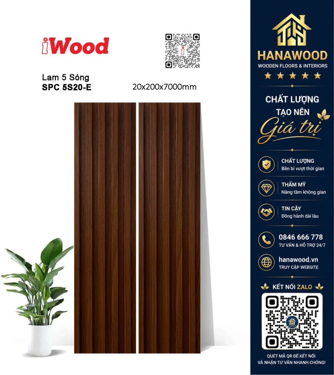 Tấm Nhựa Lam 5 Sóng Giả Gỗ Ốp Tường iWood 5S20-E tông màu mộc mạc cách âm tốt