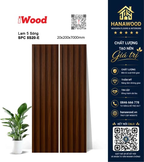 Tấm Nhựa Lam 5 Sóng Giả Gỗ Ốp Tường iWood 5S20-E tông màu mộc mạc cách âm tốt