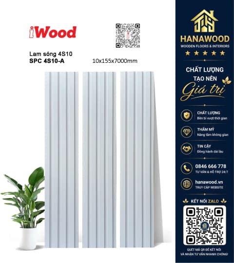Tấm Nhựa Ốp Tường Lam 4 Sóng iWood 4S10-A Màu Trắng Trơn chống ẩm mốc không cong vênh