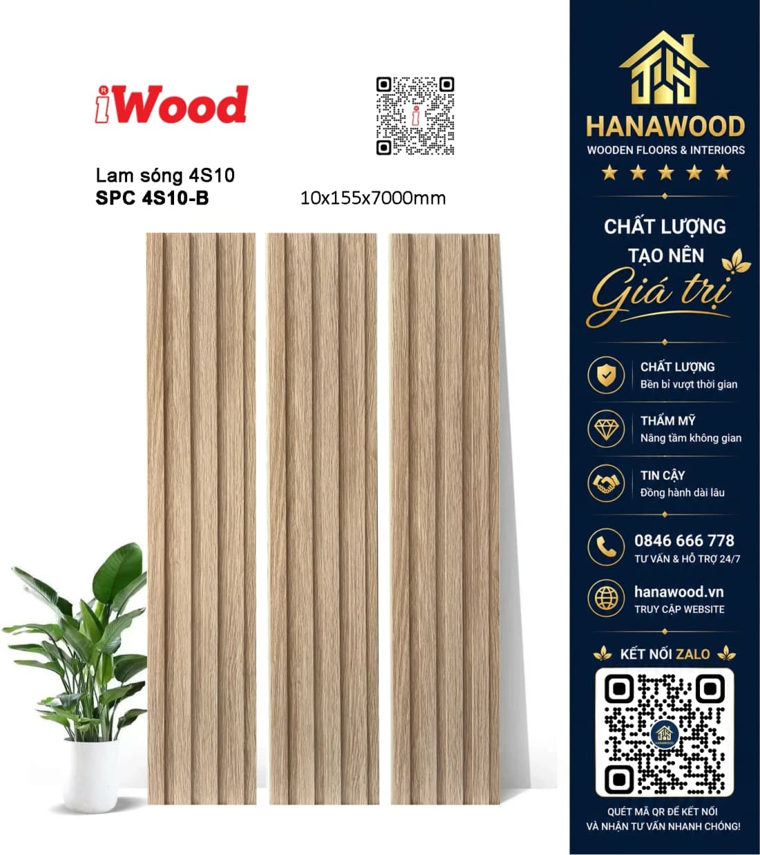 Tấm Nhựa Ốp Tường Lam 4 Sóng Giả Gỗ iWood 4S10-B bề mặt phủ film vân gỗ chống bám bụi