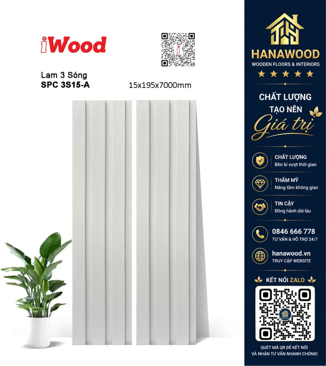 Tấm Nhựa Ốp Tường Lam 3 Sóng iWood 3S15-A Màu Trắng Trơn chống ẩm mốc không cong vênh