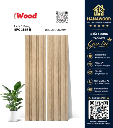 Tấm Nhựa Lam 3 Sóng Ốp Tường Trần Giả Gỗ iWood 3S15-B bề mặt phủ film vân gỗ chống bám bụi