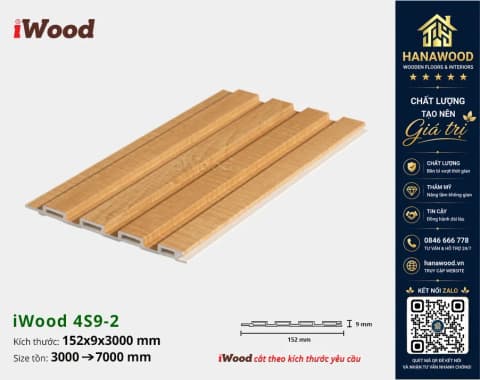 Tấm Nhựa Ốp Tường Lam 4 Sóng Giả Gỗ iWood 4S9-2 bề mặt phủ film vân gỗ chống bám bụi