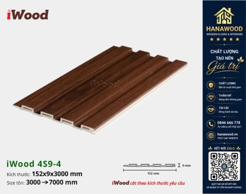 Tấm Nhựa Ốp Tường Lam 4 Sóng Giả Gỗ iWood 4S9-4 chất liệu PVC nguyên sinh chịu lực tốt