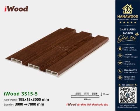 Tấm Nhựa Ốp Tường Lam 3 Sóng Giả Gỗ iWood 3S15-5 chất liệu PVC nguyên sinh chịu lực tốt