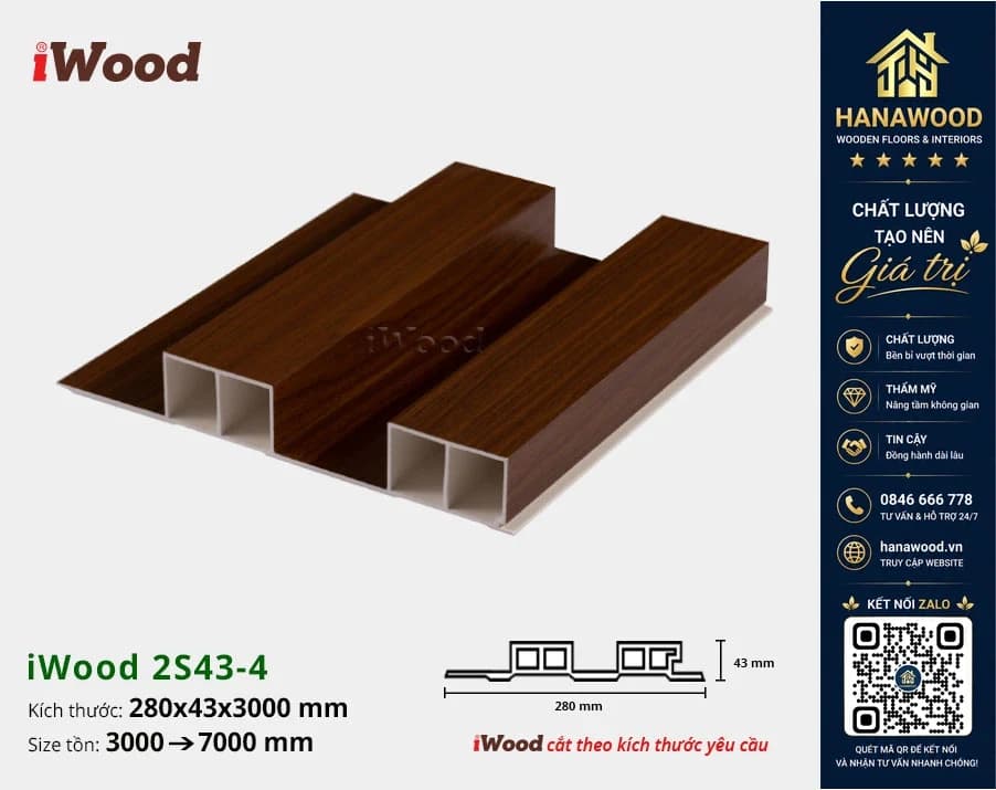 Lam 2 Sóng Cao Nhựa Giả Gỗ Ốp Tường Ốp Trần iWood 2S43-4 khả năng chống nước tuyệt đối