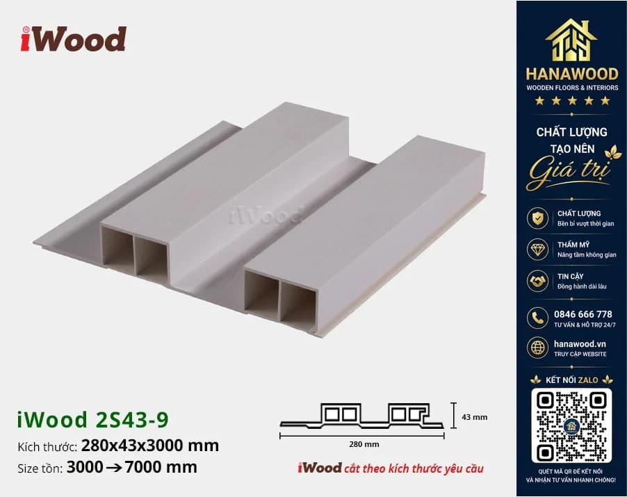 Lam 2 Sóng Cao Nhựa Giả Gỗ Ốp Tường Ốp Trần iWood 2S43-9 tông màu mộc mạc không bám bụi
