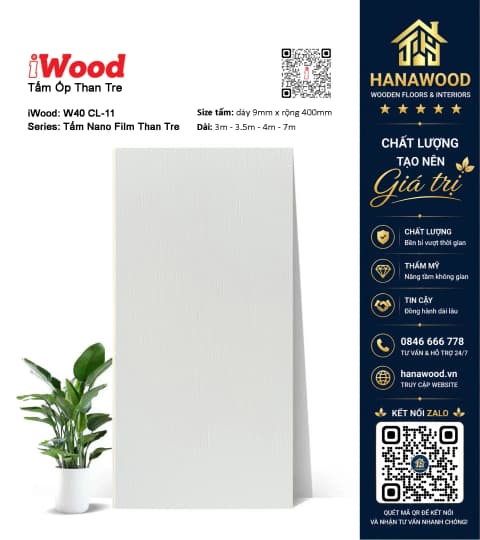Tấm Ốp Than Tre Giả Vân Vải Nổi Gỗ Trắng iWood CL-11 bề mặt phủ cao cấp không bám bụi