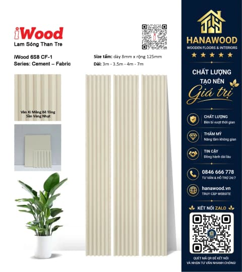 Tấm Ốp Tường Lam Sóng Than Tre Giả Vân Bê Tông iWood 6S8 CF-1 chịu lực cao chống bám bụi