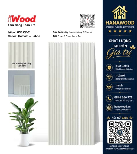 Tấm Lam Sóng Than Tre Giả Vân Xi Măng Bê Tông iWood 6S8 CF-2 chống nước uốn cong linh hoạt