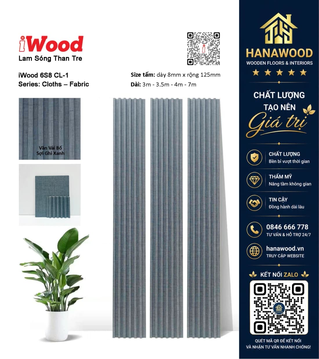 Tấm Ốp Lam Sóng Than Tre Vân Vải Bố Ghi Xanh iWood 6S8 CL-1 chất liệu cao cấp chống mối mọt