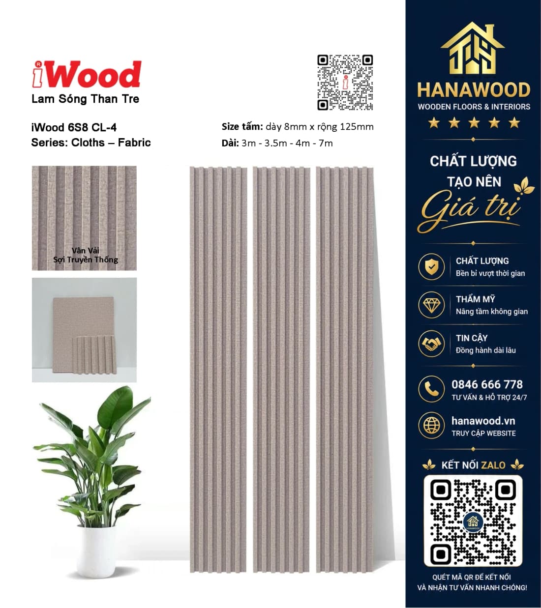 Tấm Ốp Lam Sóng Than Tre Ốp Tường Vân Vải iWood 6S8 CL-4 tính năng chống cháy lan an toàn