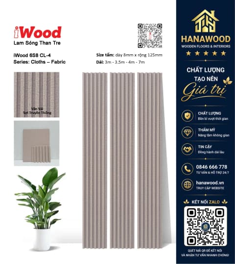 Tấm Ốp Lam Sóng Than Tre Ốp Tường Vân Vải iWood 6S8 CL-4 tính năng chống cháy lan an toàn