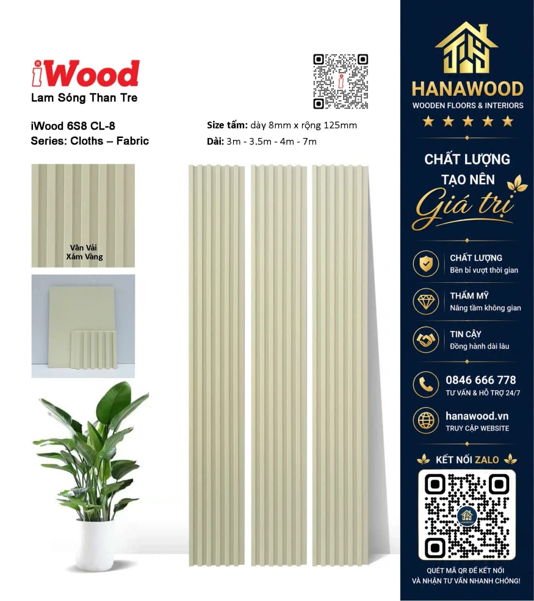 Tấm Ốp Lam Sóng Than Tre Ốp Trần Vân Vải Xám Vàng iWood 6S8 CL-8 thi công lắp ghép chuẩn xác