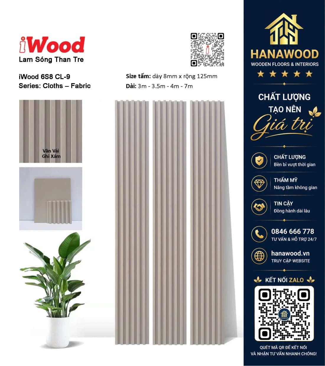 Tấm Ốp Tường Lam Sóng Than Tre Vân Vải Màu Ghi Xám iWood 6S8 CL-9 chống bám bẩn không độc hại