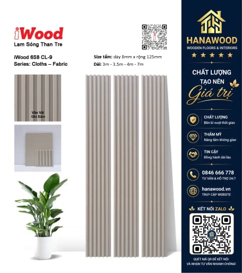 Tấm Ốp Tường Lam Sóng Than Tre Vân Vải Màu Ghi Xám iWood 6S8 CL-9 chống bám bẩn không độc hại