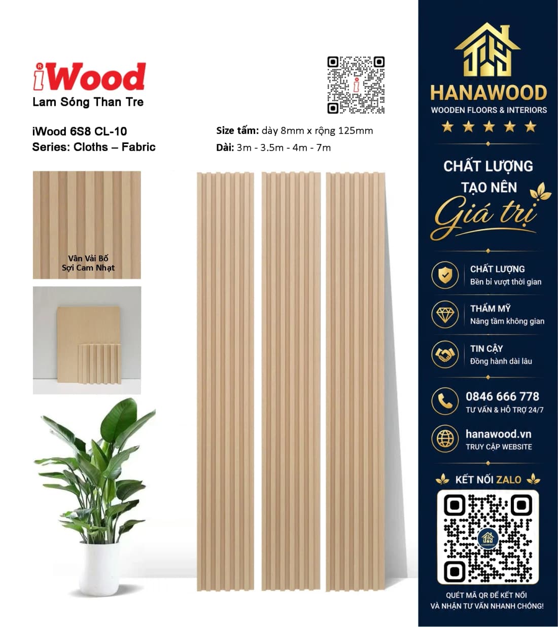 Tấm Ốp Lam Sóng Than Tre Vân Vải Cam Nhạt iWood 6S8 CL-10 chi tiết bề mặt phủ film vân vải nổi cao cấp