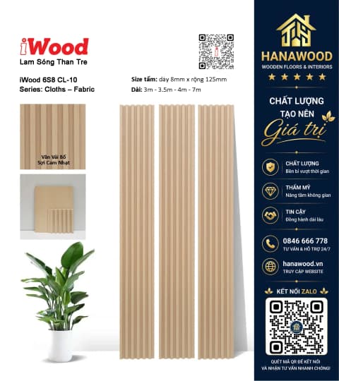 Tấm Ốp Lam Sóng Than Tre Vân Vải Cam Nhạt iWood 6S8 CL-10 chi tiết bề mặt phủ film vân vải nổi cao cấp