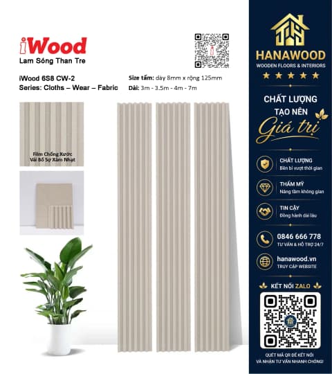Tấm Ốp Lam Sóng Than Tre Vải Bố Xám Nhạt iWood 6S8 CW-2 độ bền vượt trội không mối mọt