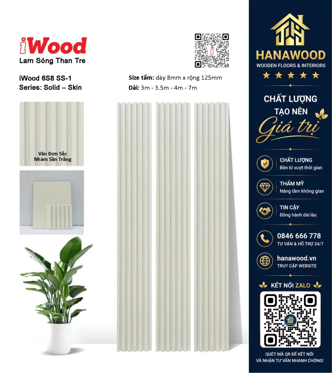 Tấm Ốp Lam Sóng Than Tre Vân Đơn Sắc Nhám Sần Trắng iWood 6S8 SS-1 bề mặt nhám sần chống trầy