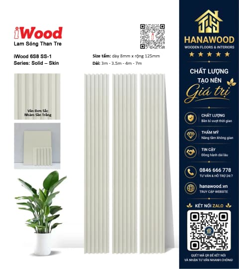Tấm Ốp Lam Sóng Than Tre Vân Đơn Sắc Nhám Sần Trắng iWood 6S8 SS-1 bề mặt nhám sần chống trầy