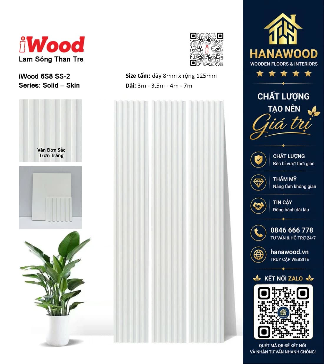 Tấm Ốp Lam Sóng Than Tre Vân Đơn Sắc Trắng Trơn iWood 6S8 SS-2 bề mặt trơn nhẵn dễ vệ sinh