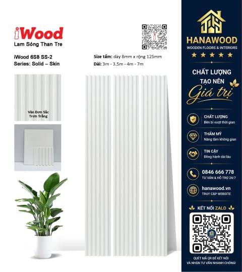 Tấm Ốp Lam Sóng Than Tre Vân Đơn Sắc Trắng Trơn iWood 6S8 SS-2 bề mặt trơn nhẵn dễ vệ sinh