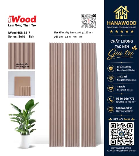 Tấm Ốp Lam Sóng Than Tre Vân Đơn Sắc Trơn Hồng Đậm iWood 6S8 SS-7 màu sắc độc đáo bắt mắt