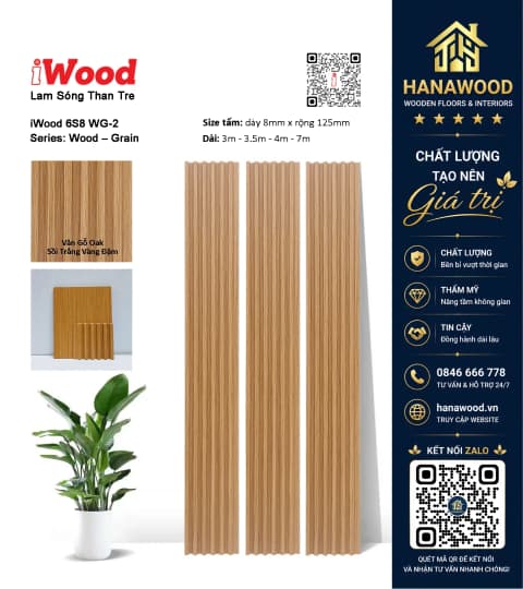 Lam Sóng Than Tre Ốp Trần Vân Gỗ Oak Sọc Vàng Đậm iWood 6S8 WG-2 chống ẩm mốc vượt trội