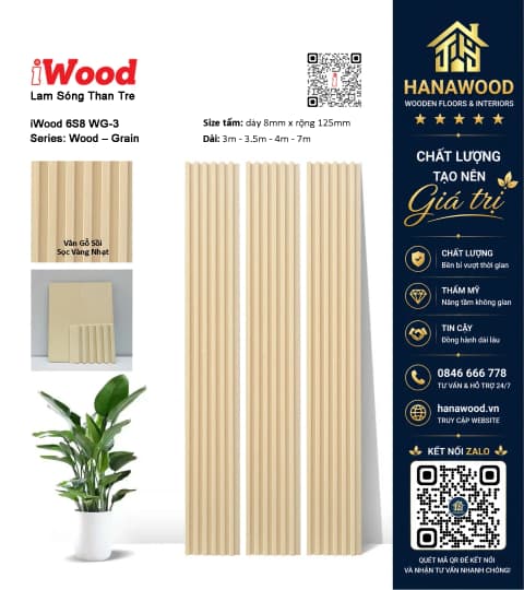 Tấm Ốp Lam Sóng Than Tre Vân Gỗ Sồi Sọc Vàng Nhạt iWood 6S8 WG-3 độ bền màu lâu dài