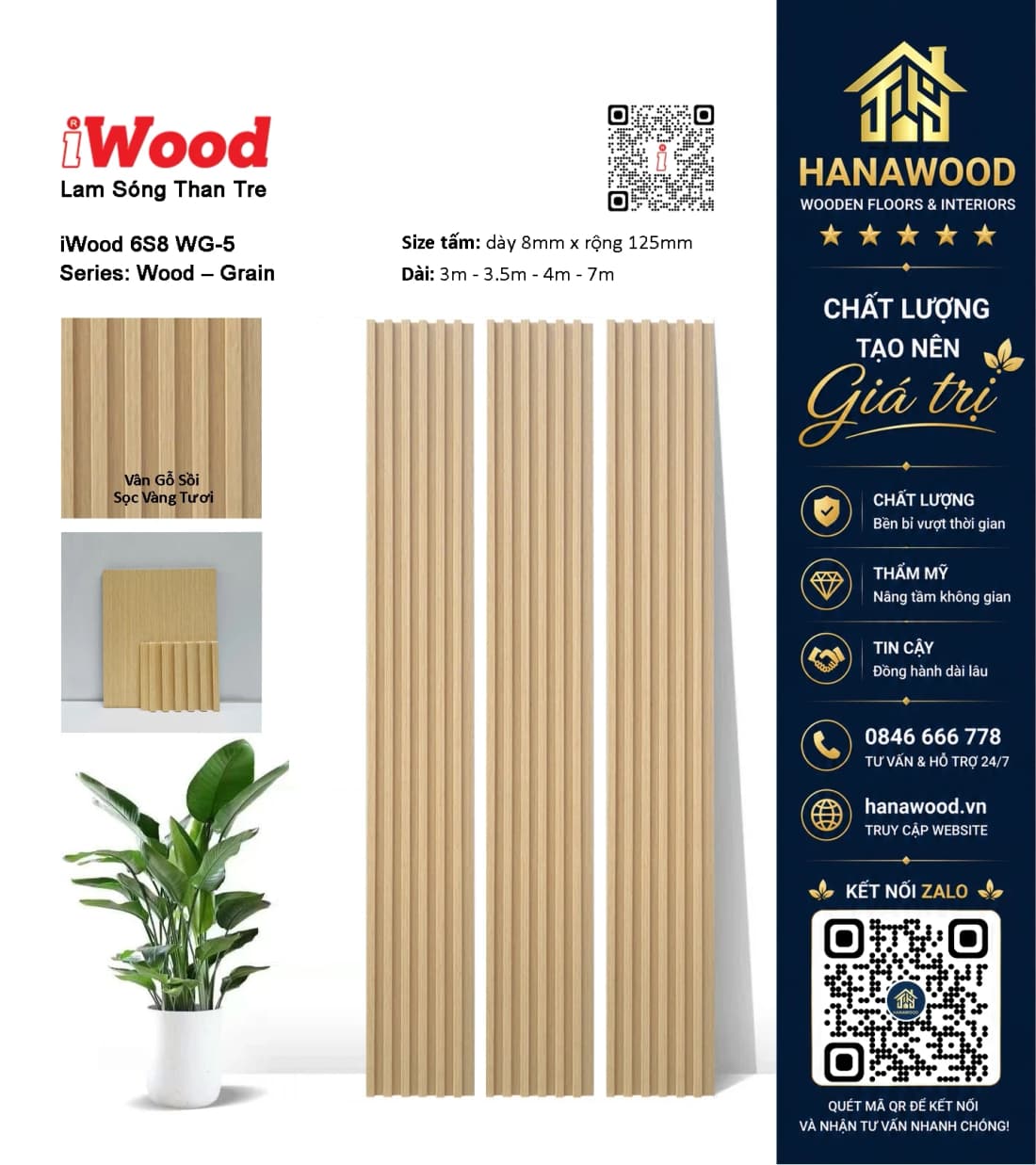 Tấm Ốp Lam Sóng Than Tre Vân Gỗ Sồi Sọc Vàng Tươi iWood 6S8 WG-5 khả năng chịu lực va đập