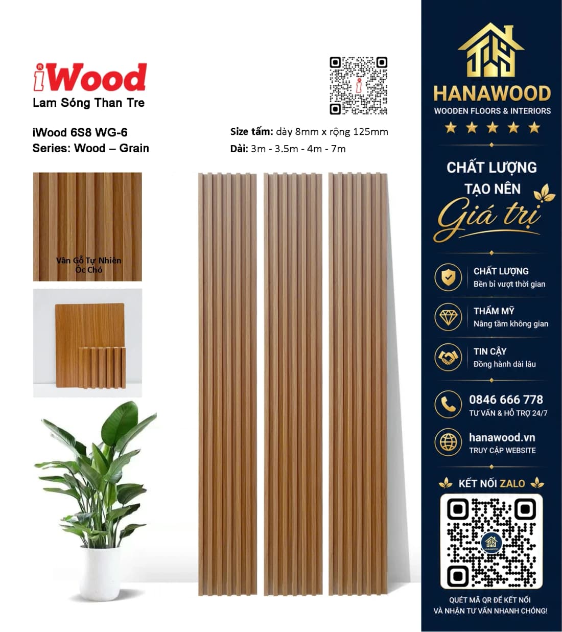 Tấm Lam Sóng Than Tre Vân Gỗ Tự Nhiên Óc Chó iWood 6S8 WG-6 phong cách nội thất đẳng cấp