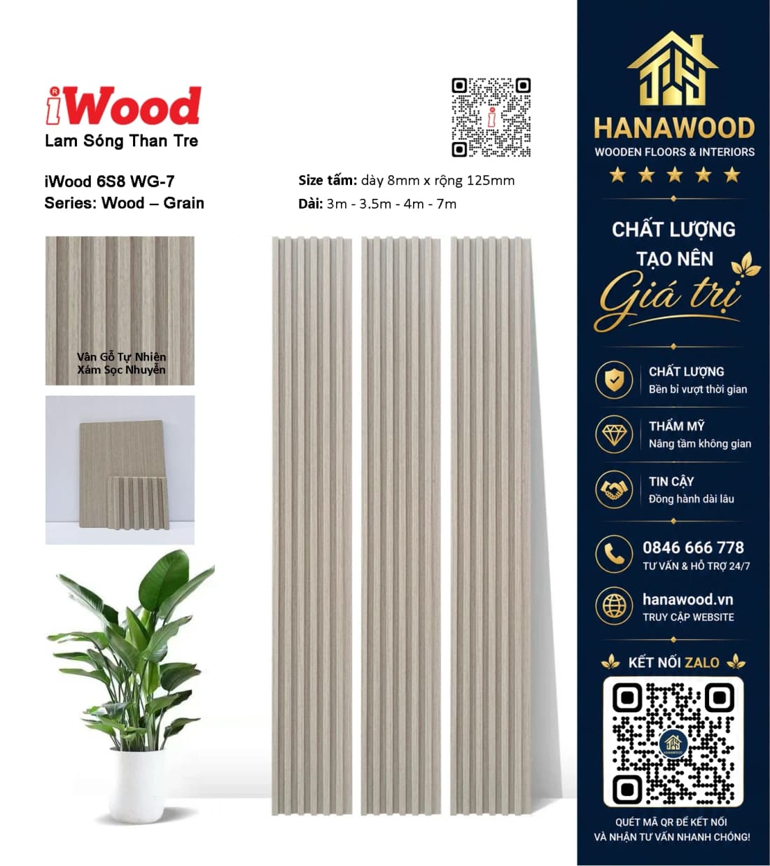 Ốp Tường Tấm Lam Sóng Than Tre Vân Gỗ Xám Nhạt iWood 6S8 WG-7 hiện đại chống mối mọt